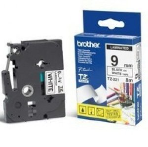 Etiqueta blanca continua laminada Brother TZE221, de 9 mm de ancho x 8 mts de largo. Impresión en negro.